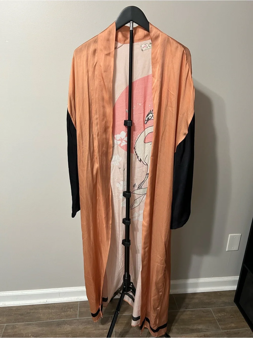 Free People Peach Crane Print Kimono Tunic with Black Sleeves